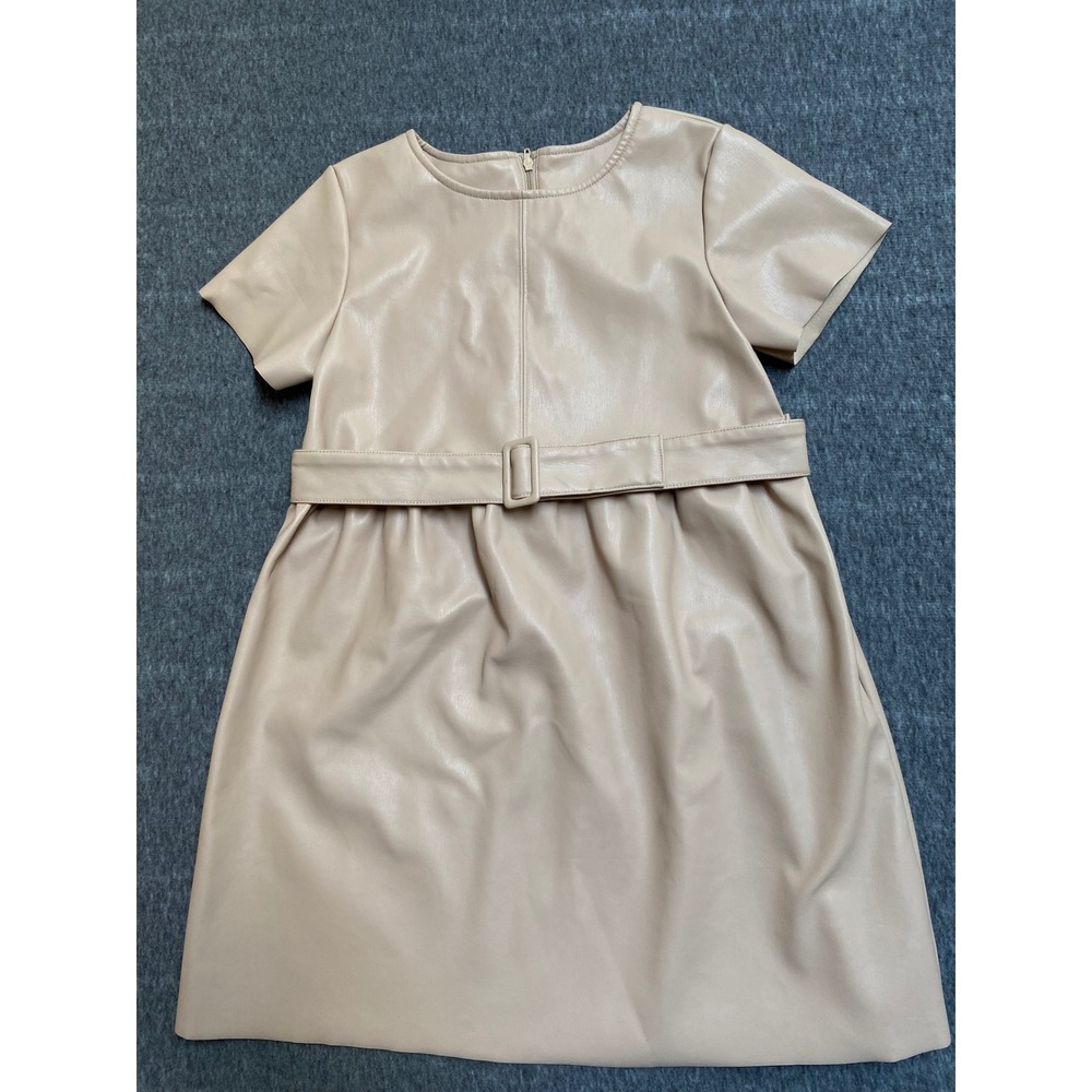 Wonder Nation Girls Beige Faux Leather Belted Dress Short Sleeve Size Medium 7-8
